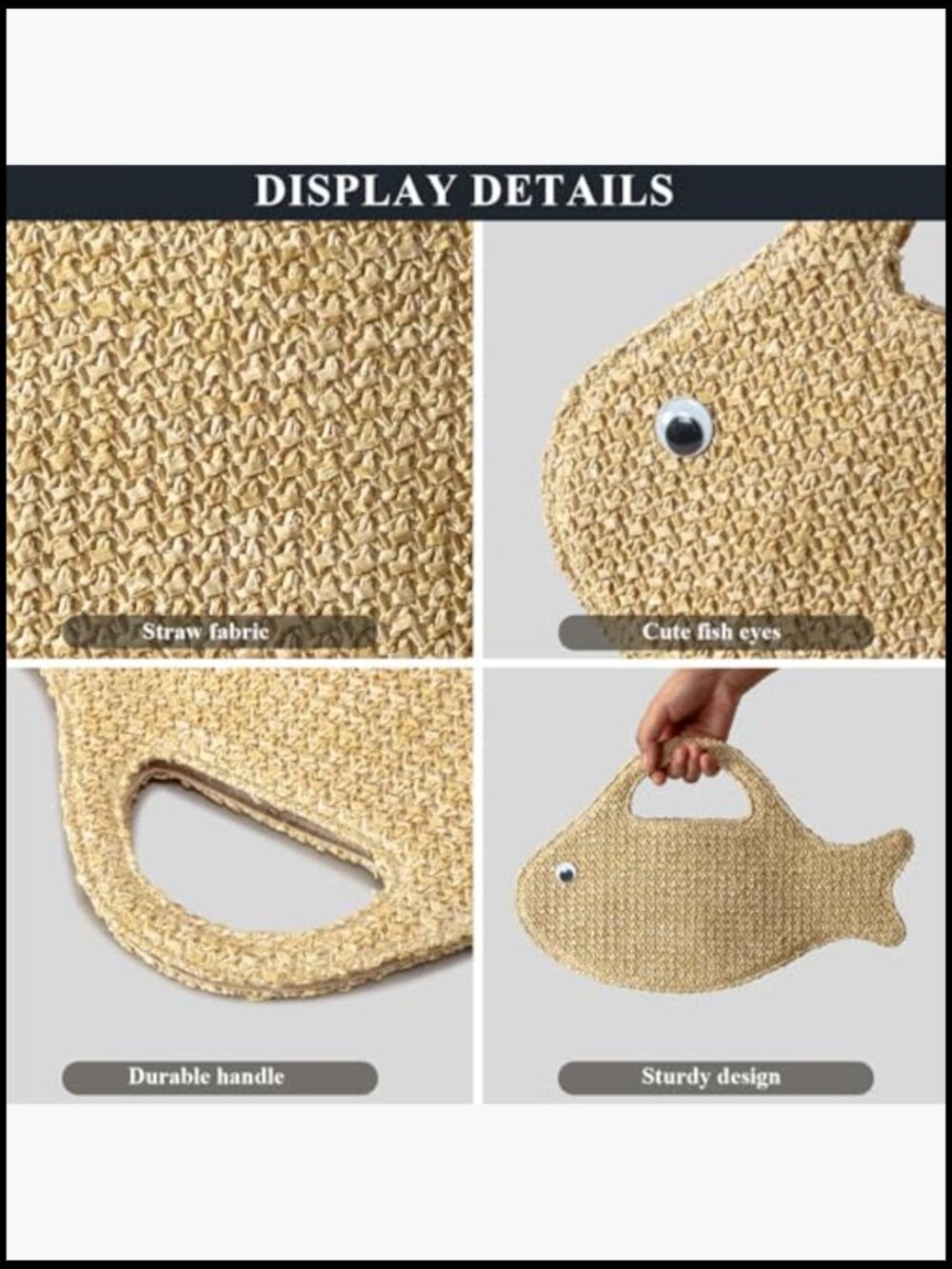 Straw Clutch Purse Woven Raffia Beach Bag Fish Shape Top Handle Unique Handbag - Picture 4 of 5